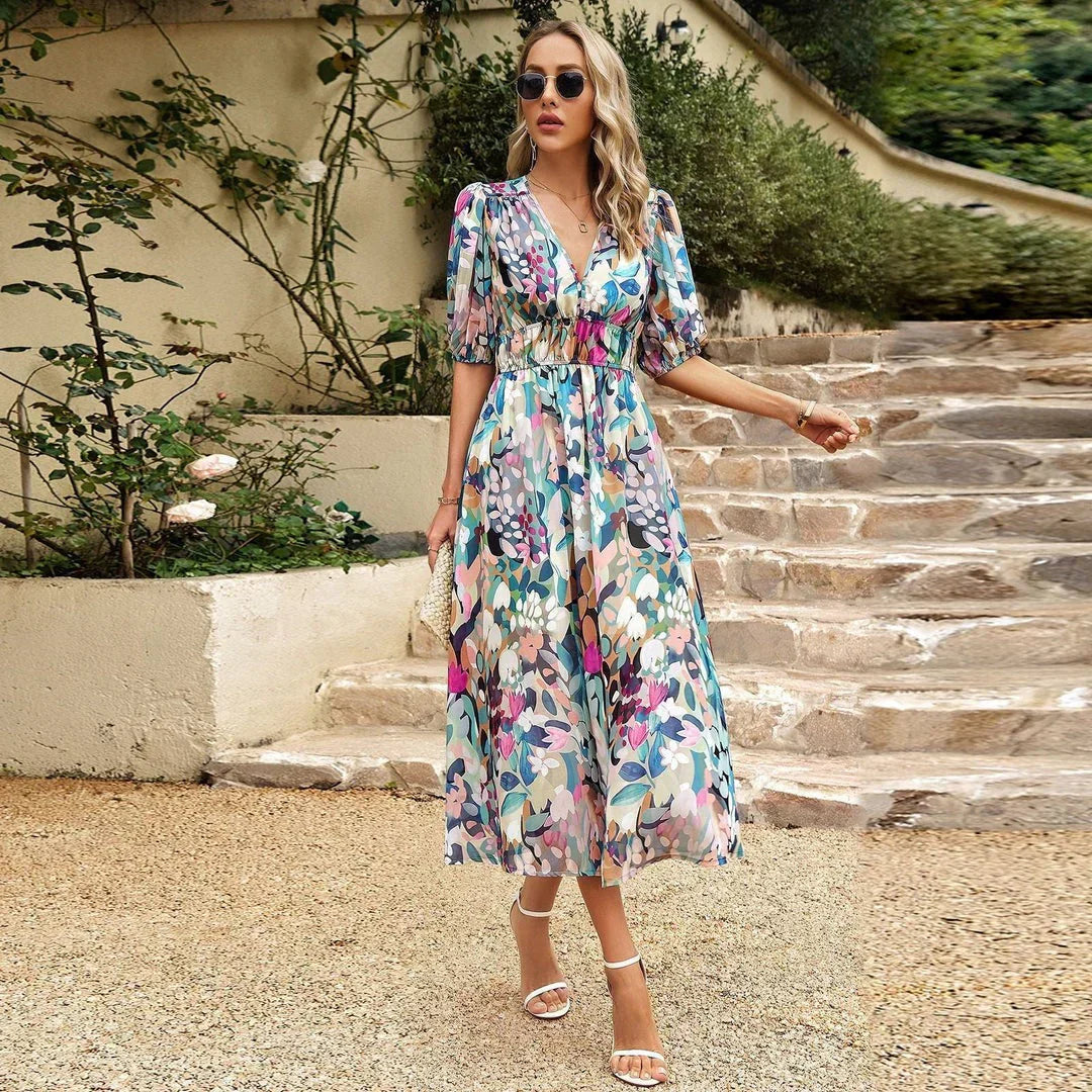 Clara™ – Floral V-Neck Midi Dress