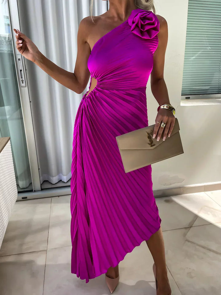 Lena™ – One-Shoulder Pleated Midi Dress