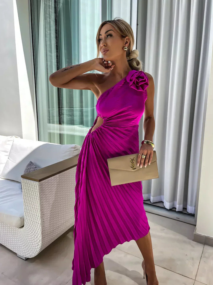 Lena™ – One-Shoulder Pleated Midi Dress