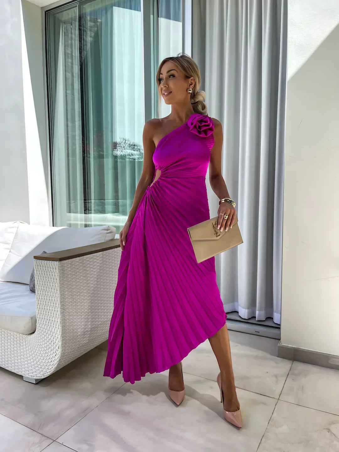 Lena™ – One-Shoulder Pleated Midi Dress