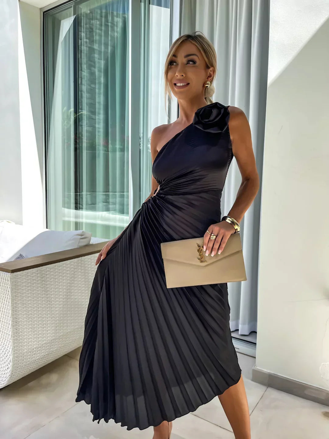 Lena™ – One-Shoulder Pleated Midi Dress