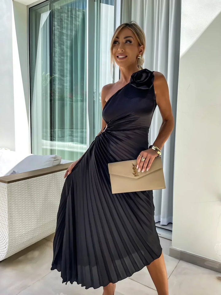 Lena™ – One-Shoulder Pleated Midi Dress