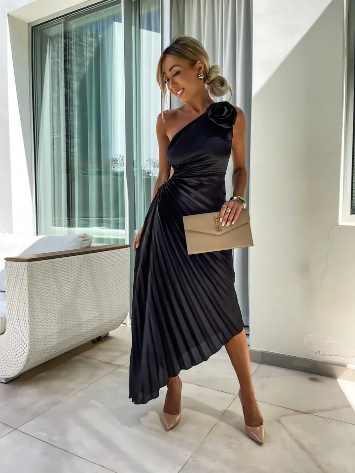 Lena™ – One-Shoulder Pleated Midi Dress