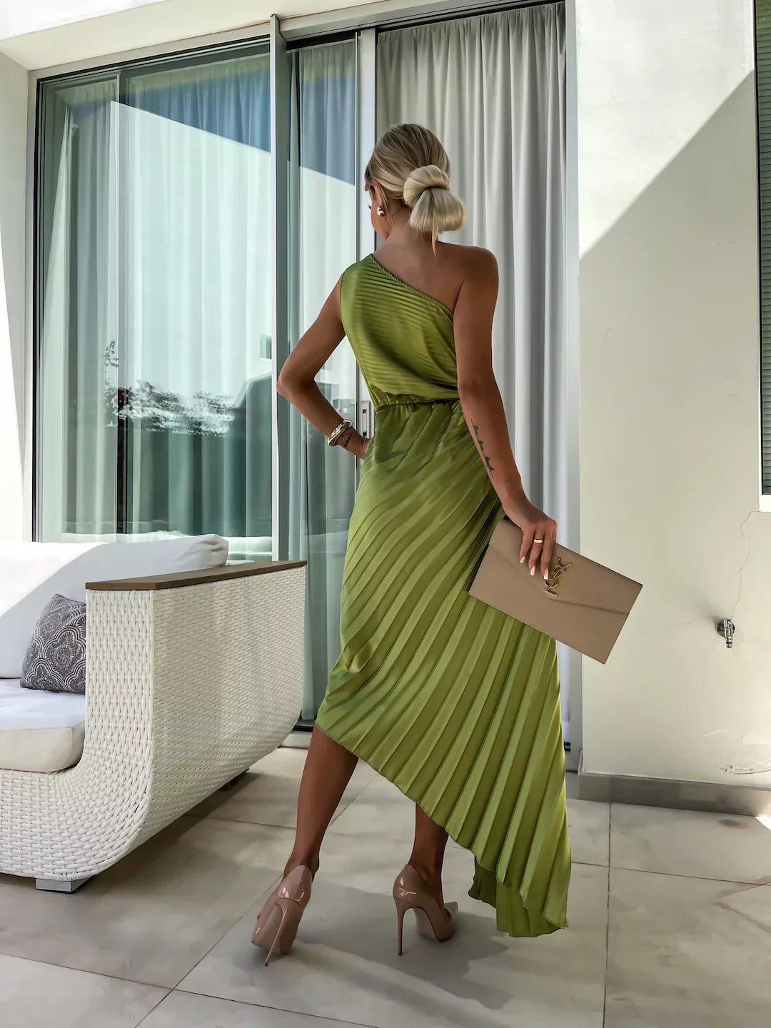 Lena™ – One-Shoulder Pleated Midi Dress