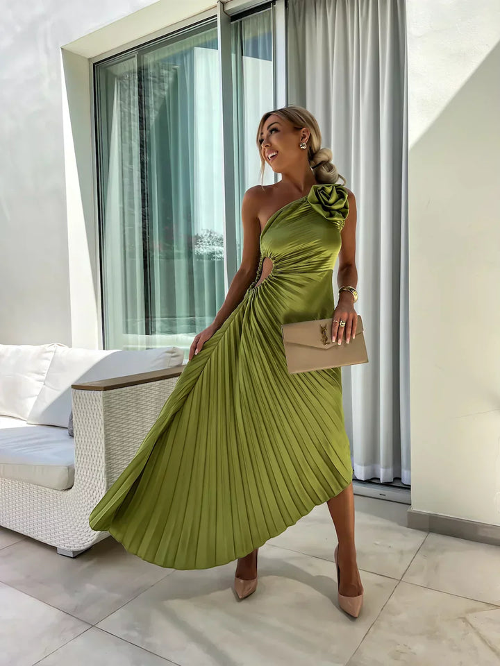 Lena™ – One-Shoulder Pleated Midi Dress