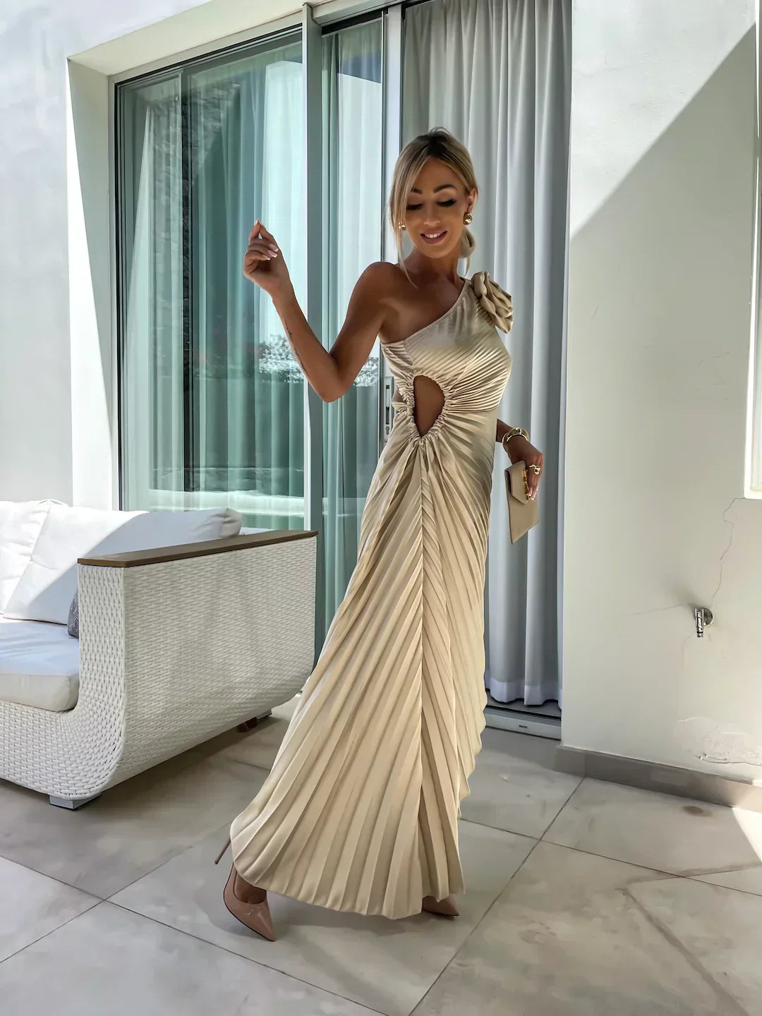 Lena™ – One-Shoulder Pleated Midi Dress