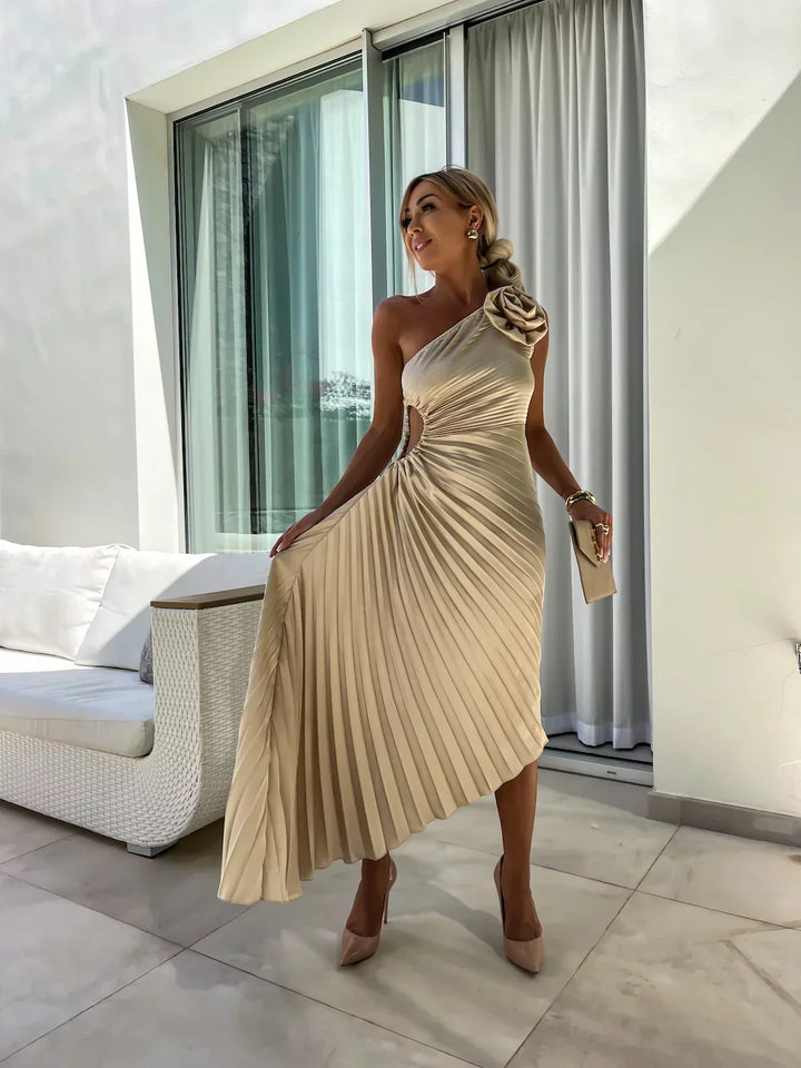 Lena™ – One-Shoulder Pleated Midi Dress