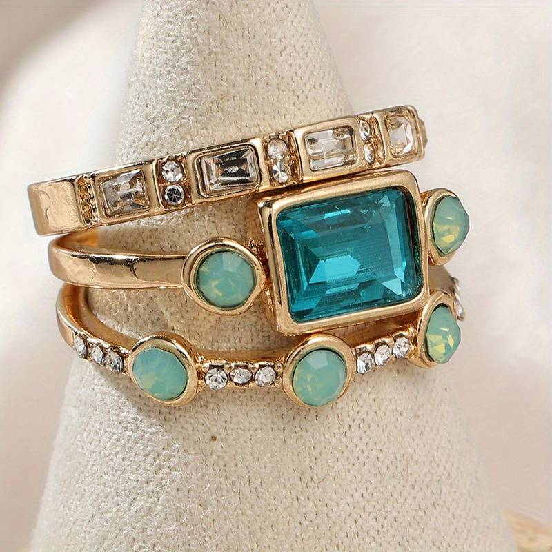 CrystalLuxe™ | Conjunto de Anillos de Cristal Azul Vintage