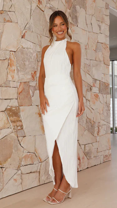 Amelia™ – Pleated Halter Midi Dress